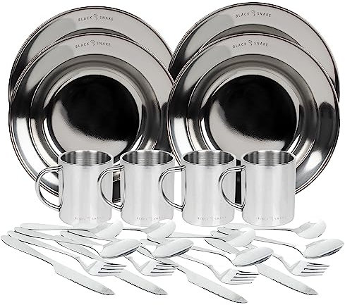 Black Snake® tiefer Camping Picknick Teller mit 'Lunch' Besteck inklusive Tasse aus Edelstahl - 4 Personen - Set
