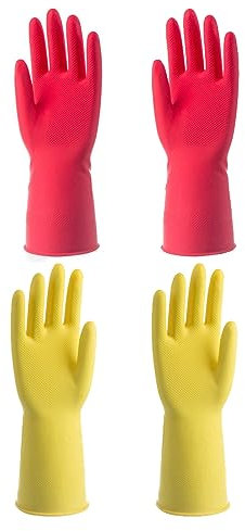 2 Paires Gants Nettoyage Caoutchouc Gants Cuisine Gants Caoutchouc Réutilisables Maison Lavage Vaisselle Gants Nettoyage Étanches Flexibles Durables (Rouge, Jaune)