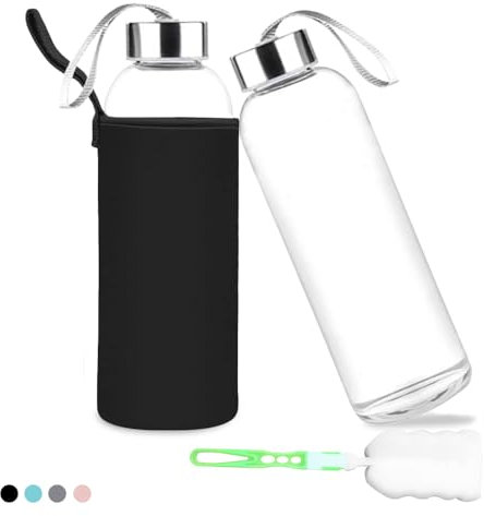 Voarge Bouteille en verre sans BPA - Gourde classique avec sac en nylon - Pour le sport et les déplacements - Noir - 1000 ml