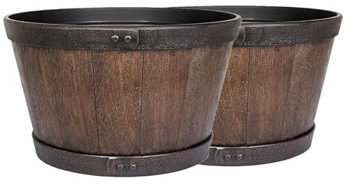 Lightweight Recycled Plastic Garden Pot Planter with Drainage Holes | UV Resistant & Frostproof | 2 x Oban Whiskey Country Barrel (Small Dark Oak)