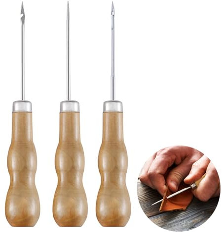 LZZEM 3 Piece Wooden Handled Awl Tailor's Awl Wooden Handled Scratching Awl, Gourd Shaped Awl for Leather Craft Sewing Shoe Repair and Crochet Perforated Leather DIY Hand Sewing Tool