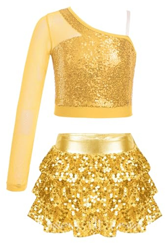 Miaeowve Kids Girls Jazz Dance Costume Shiny Sequin Dress | 2 Piece Dance Outfit, One Shoulder Crop Top, Metallic Skirt Ballet Latin Dance Dress, Performance Training Dancewear