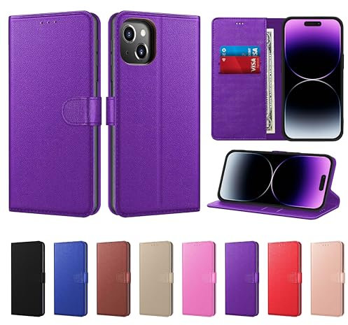 New Horrizon Luxury Case for iPhone 15 Leather Phone Case Cover,[Life time Support], PU Faux Leather Wallet Book Folio Flip Magnetic Shockproof Case with Card Slots (Purple, For iPhone 15)