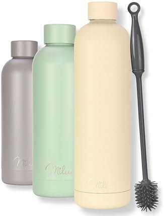 Milu Gourde Isotherme - Bouteille Isotherme - 1L - Gourde INOX Bouche Standard - Gourde Sport Étanche - Gourde Enfant sans BPA - Brosse de nettoyage incluse (Diamond Sand, 1000ml)