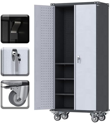 SUPEER Metallschrank mit Pegboard und Abschließbare Räder, 4 höhenverstellbaren Fachböden,Stahlblech Pulverbeschichtung,Stahlschrank Abschließbar für Werkzeuge,Garage180 x 80 x 40 cm(Silbergrau)