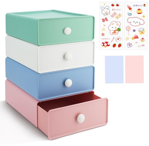 4 cajas de almacenamiento de escritorio, cajones de almacenamiento apilables, cajones organizadores de escritorio con notas adhesivas y calcomanías, organizador de maquillaje de gran capacidad para