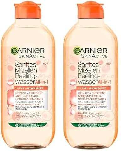 Garnier Sanftes Mizellen Peelingwasser, Reinigungswasser zur Entfernung von Make-Up Resten und abgestorbenen Hautschuppen, SkinActive, 1 x 400 ml (Packung mit 2)