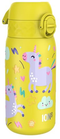 ion8 Botella Agua Inox Ligero para Niños, 400ml, Sin Aislamiento, a Prueba de Fugas, Fácil de Abrir, Cerradura Segura, Apta para Lavavajillas, Tapa Abatible, Fácil de Limpiar, Unicornios, Amarillo