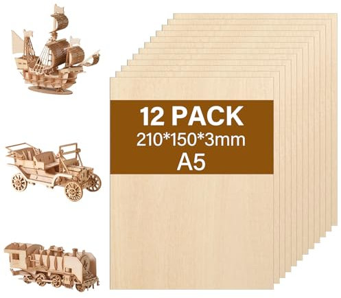 Tapvai 12 Piezas A5 madera contrachapada de tilo,210 x 150 x 3 mm contrachapado láser,paneles de madera para manualidades,para manualidades, corte de madera, fabricación de modelos