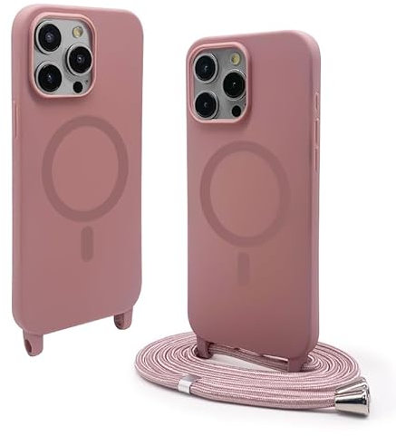 CUZZCASE Silikon Schutzhülle kompatibel mit iPhone 15 Pro Max(6.7),Kabellosem Laden,Silikon Stylische Verstellbarer Halskette Handyhülle-Lotus Farbe