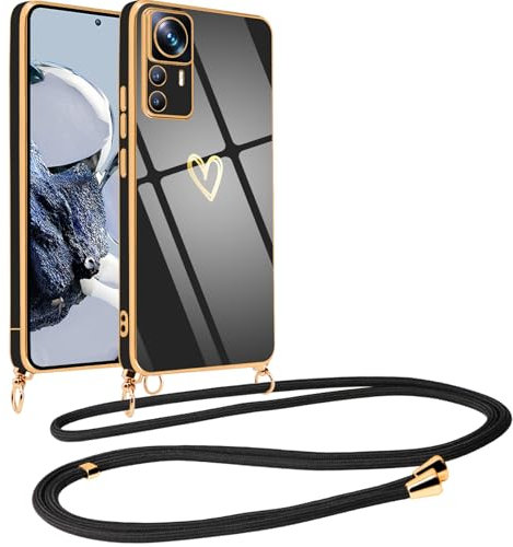 Vauki Coque pour Xiaomi 12T Pro 5G avec Cordon de Collier, Galvanisé Etui Housse avec Motif Coeur d'amour, Antichoc Anti-Rayures Case avec Bandoulière pour Xiaomi 12T Pro 6.67, Noir