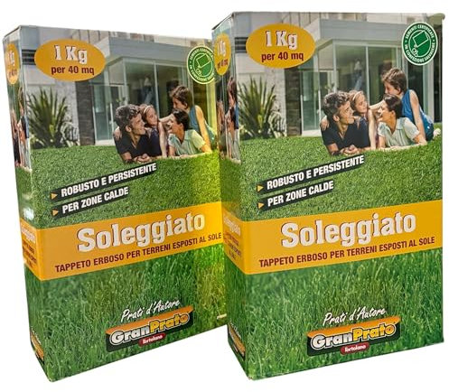 L'ORTOLANO GRANPRATO-OFFERTA-2 CONFEZIONI da 1 kg (1 kg per 40 mq) di Sementi da Prato SOLEGGIATO (per terreni esposti al sole). Robusto e Persistente, per zone calde. Sementi Certificate.