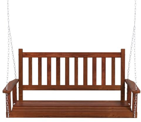 SFAREST 2/3 Seater Patio Swing Chair, Wooden Swing Bench Loveseat with Adjustable Hanging Chains, Outdoor Swing Seat Hammock for Balcony Yard Tree (Brown, 136 x 66 x 63cm)