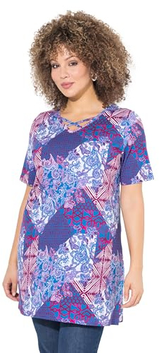 Ulla Popken Damen große Größen Übergrößen Plus Size Longshirt, Patchdruck, A-Linie, V-Ausschnitt, Halbarm magnolienrot 42+ 838969820-42+