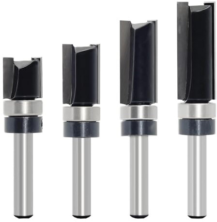 4PCS Flush Trim Router Bit Set, 1/4 inch Shank, Straight Flush Trim Pattern Tools with Top Bearing, Wood Milling Cutter for Trimming