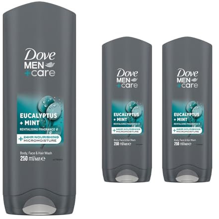 Dove Men +Care Eucalyptus + Mint 3-in-1 Hair, Face and Body Wash Shower Gel, Pack of 3, 24 Hour Micro Moisture Technology Body Cleanser That Invigorates and Refreshes 250 ml