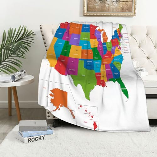MAAPCHP Kuscheldecke Flauschig Decke Fleecedecke Wanderlust, Bunte USA-Karte mit Staate Wohndecke Warm Winter Weich,Decke Couch Blanket,Wohn- & Kuscheldecken 100 x 130 cm,Sofa überwurfdecke
