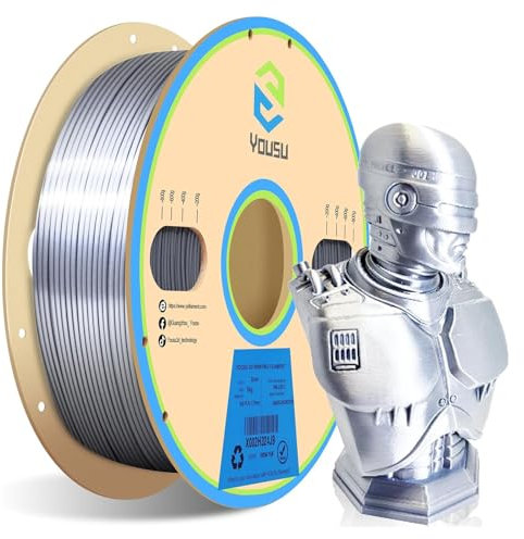 YOUSU Silk PLA Filament 3D Printer 1.75mm Gold Metallic Effect Good Adhesion 1kg (Silver)