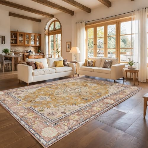 HiChiclife Teppich Wohnzimmer Gelb 240x340 cm, rutschfest & Waschbar, Extra Großer Orientalischer Vintage Teppich, Kurzflor für Esszimmer & Konferenzraum