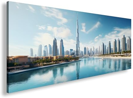Leinwandbild Futuristisches Dubai – Spiegelbild der Moderne am Wasser Panorama 60x30cm XXL Wandbild auf Keilrahmen/Kunstdruck/Bild Wohnzimmer Dekoration