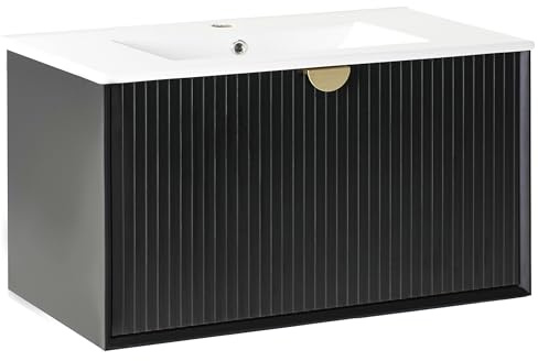 Beliani Wall Mounted Vanity Unit with Basin Engineered Wood Bathroom Cabinet Storage 80 x 43 cm Black Bonaire