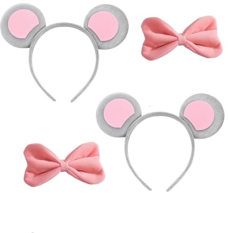 ZocRjvN 4 Stück Mouse Ears Maus Kostüm, Graue Maus Ohren Haarspangen Set | 2 Haarspangen + 2 Schleifen, Kostüm Zubehör, Kostüm für Karneval, Halloween