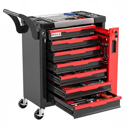 AIRAJ Tool Chest 7-Drawers, Lockable Tool Box on Wheels,Tool Cart with Hidden Side Cabinet, Heavy-Duty Metal Tool Cabinet, for Garages, Workshops, Warehouses,Red and Black