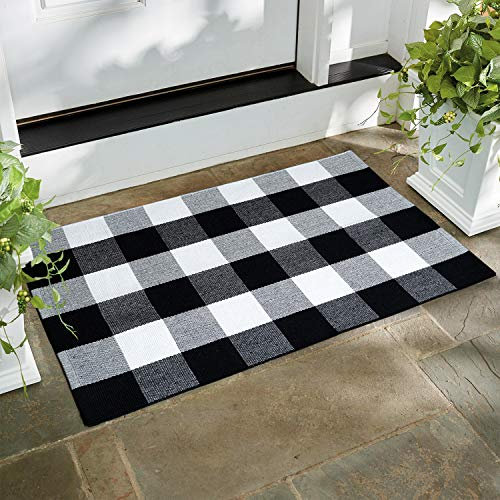 Winwinplus Tapis de porche en coton tissé à la main Motif carreaux Noir/blanc 60 x 90 cm