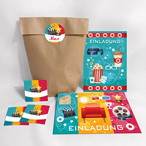 12-er Einladungskarten, Umschläge, Tüten, Aufkleber zum Kindergeburtstag für Mädchen und Jungen Kino-Party / blau (12 Karten + 12 Umschläge + 12 Party-Tüten + 12 Aufkleber (Kreuzbodenbeutel))