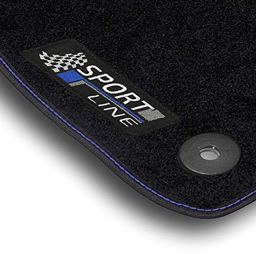 Bär-AfC Auto Fußmatten Sport Line passend für Ford Fiesta JA8 2008-2011, Autoteppiche Nadelvlies Schwarz, Bandeinfassung mit Blauer Ziernaht, Stick Blau & Grau, Set 4-teilig, FO01196