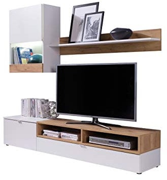 Wohnwand Andreas, elegantes Wohnzimmer-Set als Anbauwand, griffloses Öffnen, bestehend aus TV-Lowboard, Hängevitrine, Wandregal mit viel Stauraum (weiß / eiche gold, mit weißer LED Beleuchtung)
