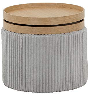 SalesFever Beistell-Tisch Bolge in Hellgrau | MDF Holz mit Eichenfurnier | Bezug aus Texturstoff | Couchtisch rund | drehbare Ablageflächen | modernes Design