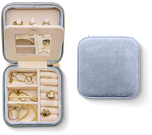 Benevolence LA Jewellery Box for Women, Travel Jewellery Case Organiser, Small Velvet Earring Organiser Box with Mirror - Periwinkle Blue