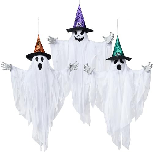 JOYIN 3 Stück 63 cm hängende Geister-Dekorationen, Halloween, weißer Geist mit Hüten für Spukhaus, Friedhofszene, gruselige Innen- und Außendekoration
