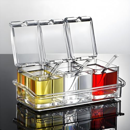 V·RESOURCING Transparent Seasoning Box, Seasoning Rack Spice Pots,Storage Container Condiment Jars for Spice Salt Sugar Cruet Liquid,3 Piece with Cover and Spoons