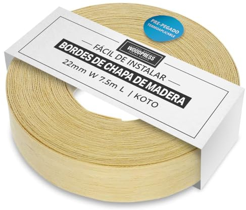 WoodPress® 22 mm Echtholz-Bügelkante - 7,5 m Rolle - vorgeklebtes Holzfurnierband für einfache DIY-Anwendung - deckt den Rand Einer Standard-MDF-Platte ab