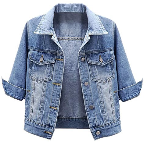 HYMCX Women's Short Sleeve Cropped Denim Jacket 3/4 Sleeve Ripped Distressed Jean Jackets Coat (Color : Light blue, Size : XL)