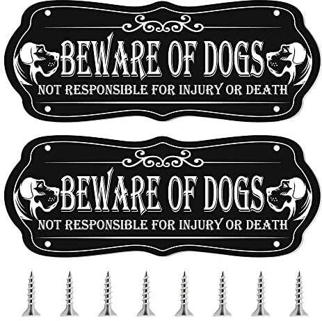 2 Pieces Beware of Dogs Sign for Fence, 9 x 3.5 Inch Dog in Yard Keep Gate Closed Sign Metal, Warning Dog Sign with Screws for Lawn, Fence, Garden