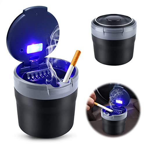 Cenicero de Coche con Luz LED Azul, Cenicero Portatil con Tapa Bandeja de ceniza de Coche a Prueba de Humo para Automóvil Oficina