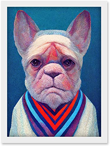 Doppelganger33 LTD French Bulldog In A Colourful Sweater Hockneyesque Artwork Framed Wall Art Print A4