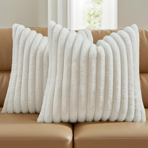 FUTEI Pack of 2 Solid Faux Fur Plush Throw Pillow Covers 18x18 Inch Soft Fluffy Striped Decorative Cushion Cases Modern Farmhouse Accent for Couch Bed Living Room, Cream White