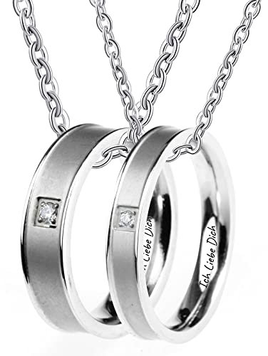 Epinki Kette Paare Liebe Edelstahl mit Ring Anhänger, Poliert mit Gravur Ich Liebe Dich Kette Pärchen Personalisiert mit Zirkonia WeißSilber - Herrenkette 60cm, Damenkette 50cm