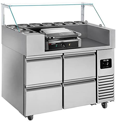 GGM Gastro | ZBF127DN#KGKB200#2SBF | Zubereitungstisch - 1210mm - 4 Schubladen - für 9x GN 1/6 - inkl. Kontaktgrill