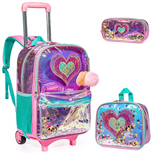 Egchescebo Mochilas Escolares con Ruedas Carro Niña Extraíble Corazón Transparente Mochila Carrito para Trolley Escolar Bolso de Viaje Estuche Stitch Mujer Maleta Colegio Medianas Infantil Niñas Rosa