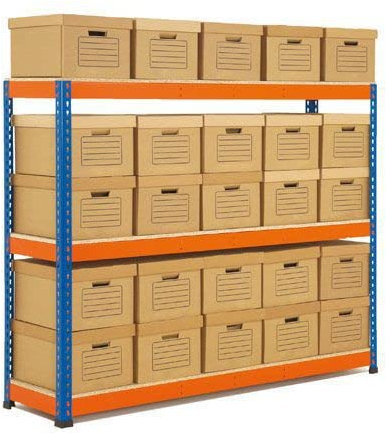 Horison Industries Garage Racking with Boxes, Garage Storage Solutions with Boxes, Shelving Units Garage - Double Sided Archive Storage - Blue Orange, Brown Bin with 50 Boxes-1830x915x448mm