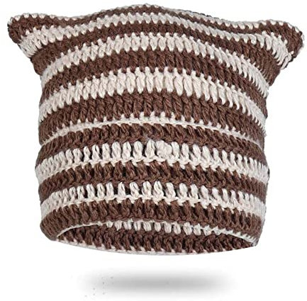 LEJAHAO Y2K Cat Beanie Mütze Damen Winter Hat Women Katzenmütze Katzenohren Damenmützen Modern Warme Thermo Winddichte Strickmütze Schöne Lustige Wintermützen Haube Frauen Mädchen Skimütze (Braun)