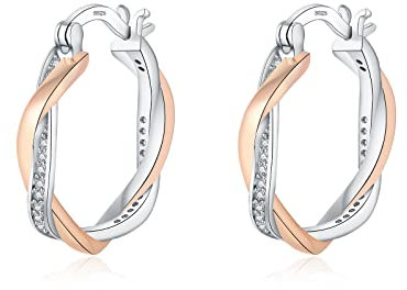 Rose Gold Earrings - Silver Hoop Earrings for Women, Sterling Silver Earrings - Twist Sleeper Huggies Earrings, 20mm Rose Gold Hoop Earring CZ Cubic Zirconia Jewellery Birthday Gift for Girls Her