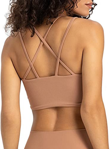 Lemedy Damen Gerippte Träger, Yoga-Top, geformte Cups, Sport-BH, Criss Cross, Workout, bauchfreies Tanktop, Loess Brown, X-Large