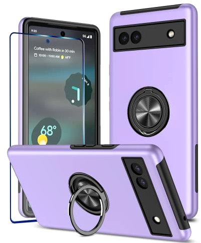 KRAFTCARE for Google Pixel 6a Case with Kickstand Ring and Screen Protector, Shockproof and Anti Scratch 360° Magnetic Ring Holder Stand Phone Cover for Google Pixel 6a - Purple