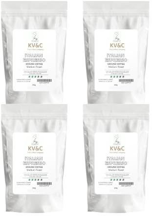 KV&C Italian Espresso Ground Coffee, Medium Roast, Rich Heavy Body with Cacao and Chocolate Notes, 4 Resealable 220 g Bags, for Cafetière and Filter Brewing